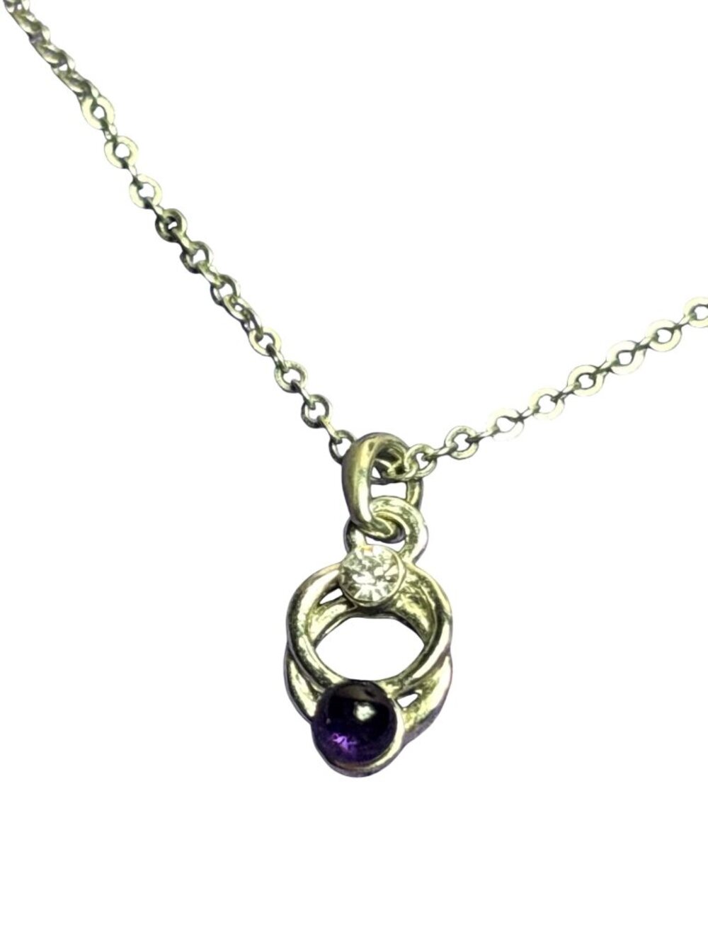 Silvertone Double Circle Pendant Necklace Purple Cabochon Clear Rhinestone Daint